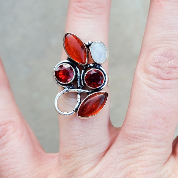 New Amber, Garnet & Rainbow Moonstone 925 Silver Ring. - Picture 11 of 16